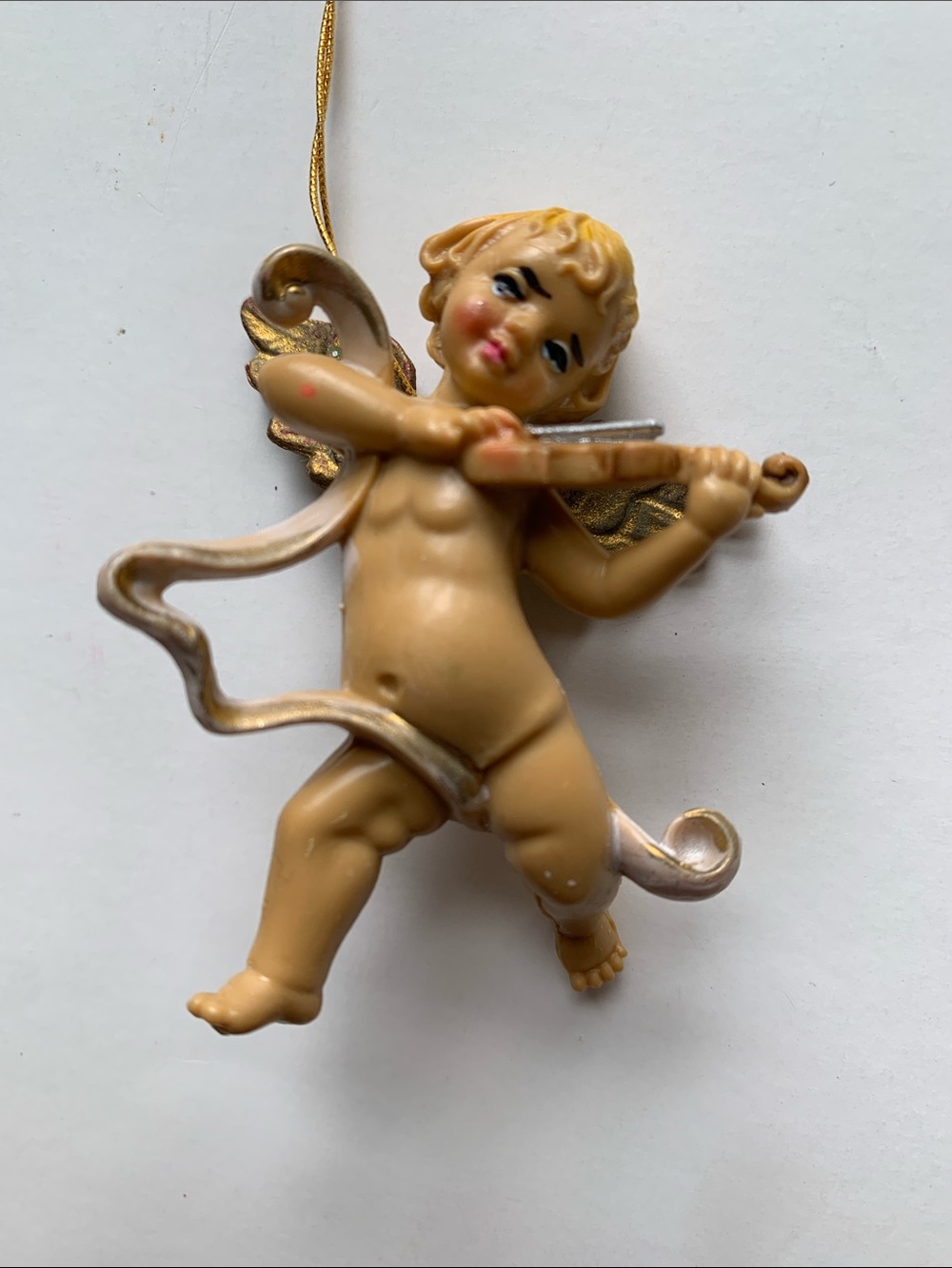 Vintage Italian Cherub Angel Violin Ornament in Gold and Cream